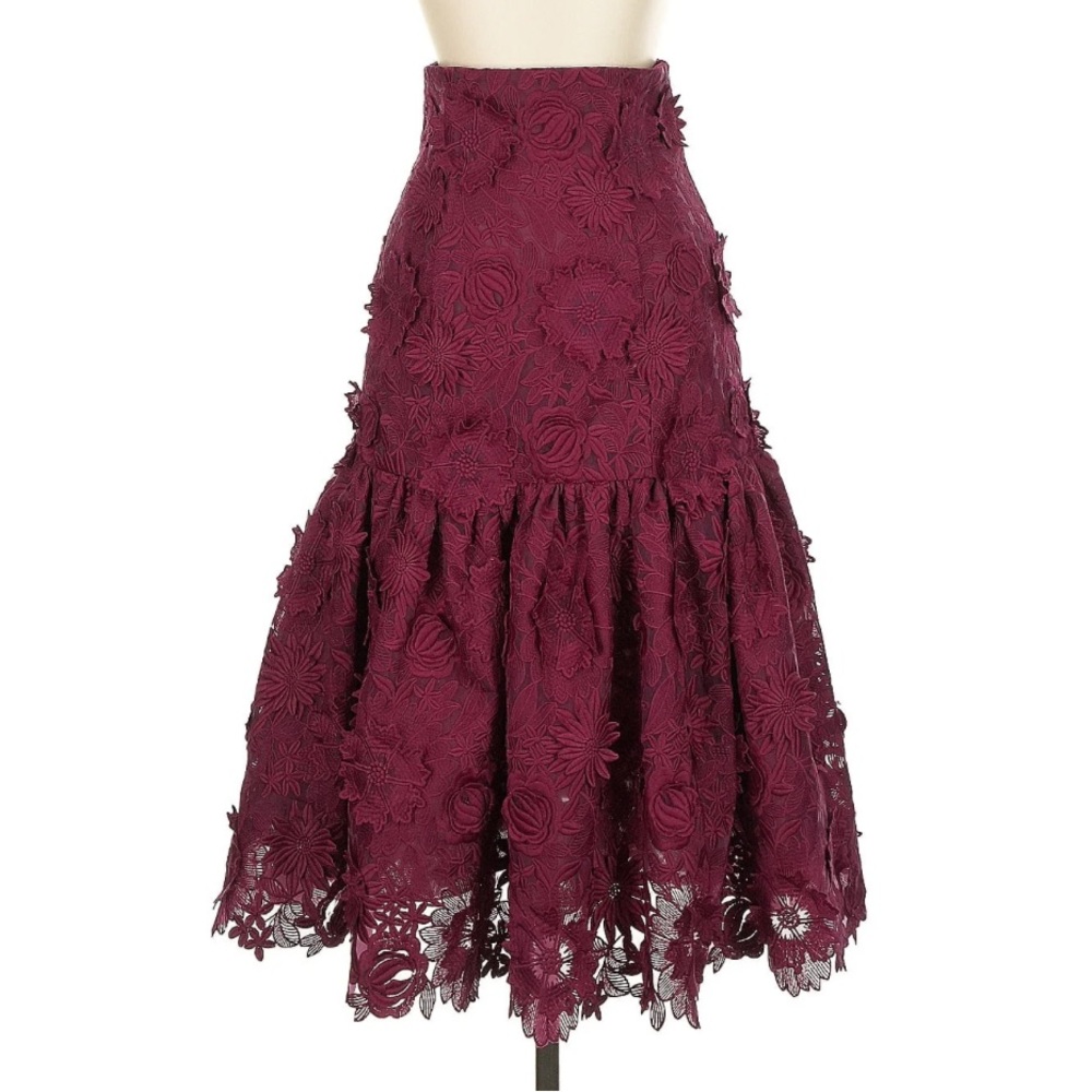 Costarellos Ruffled Guipure Lace Burgundy Midi Skirt XS luxury rare wedding